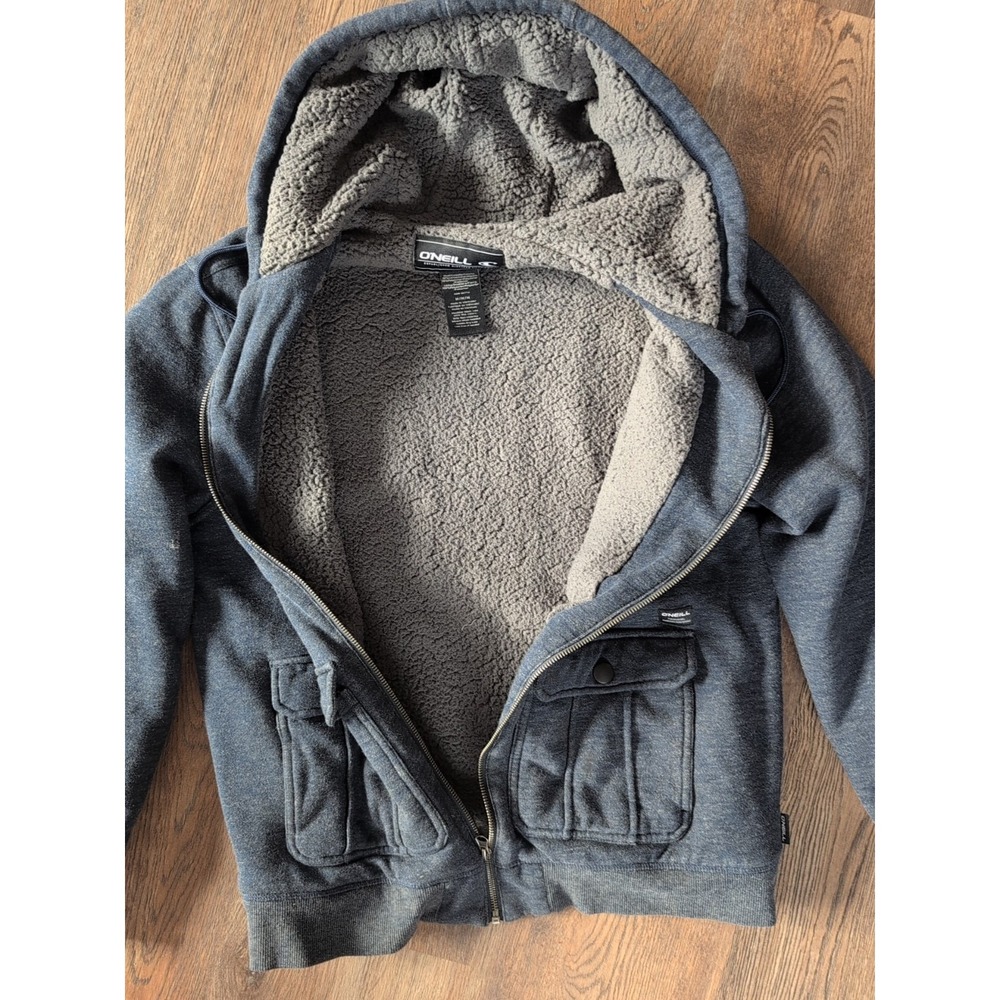 O'Neil Jacket Men's M Sherpa Fleece Hoodie Navy Full Zip Surf Skater Pockets Vtg - Picture 8 of 16
